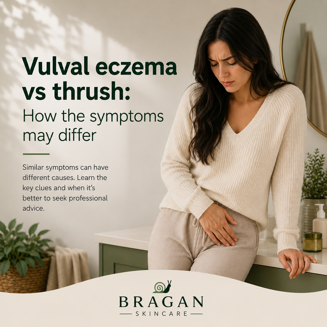 Woman with long dark hair holding her groin area due to discomfort from vulval eczema or thrush symptoms