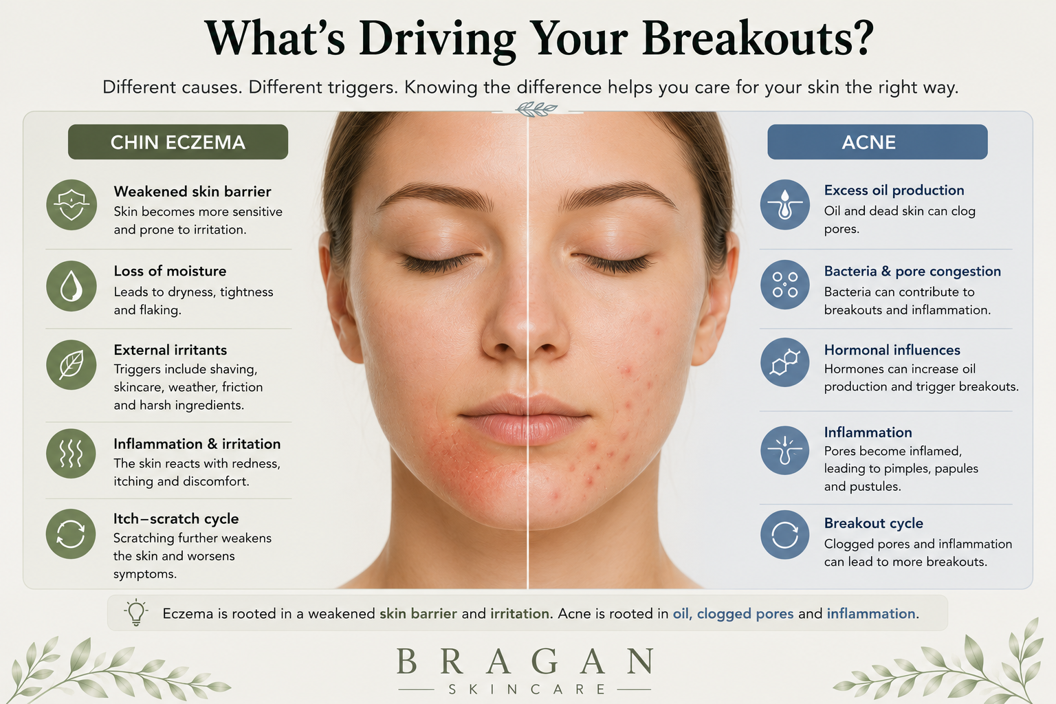 Comparison infographic showing the main causes of chin eczema and acne, including a weakened skin barrier, irritation, blocked pores, excess oil, and inflammation.