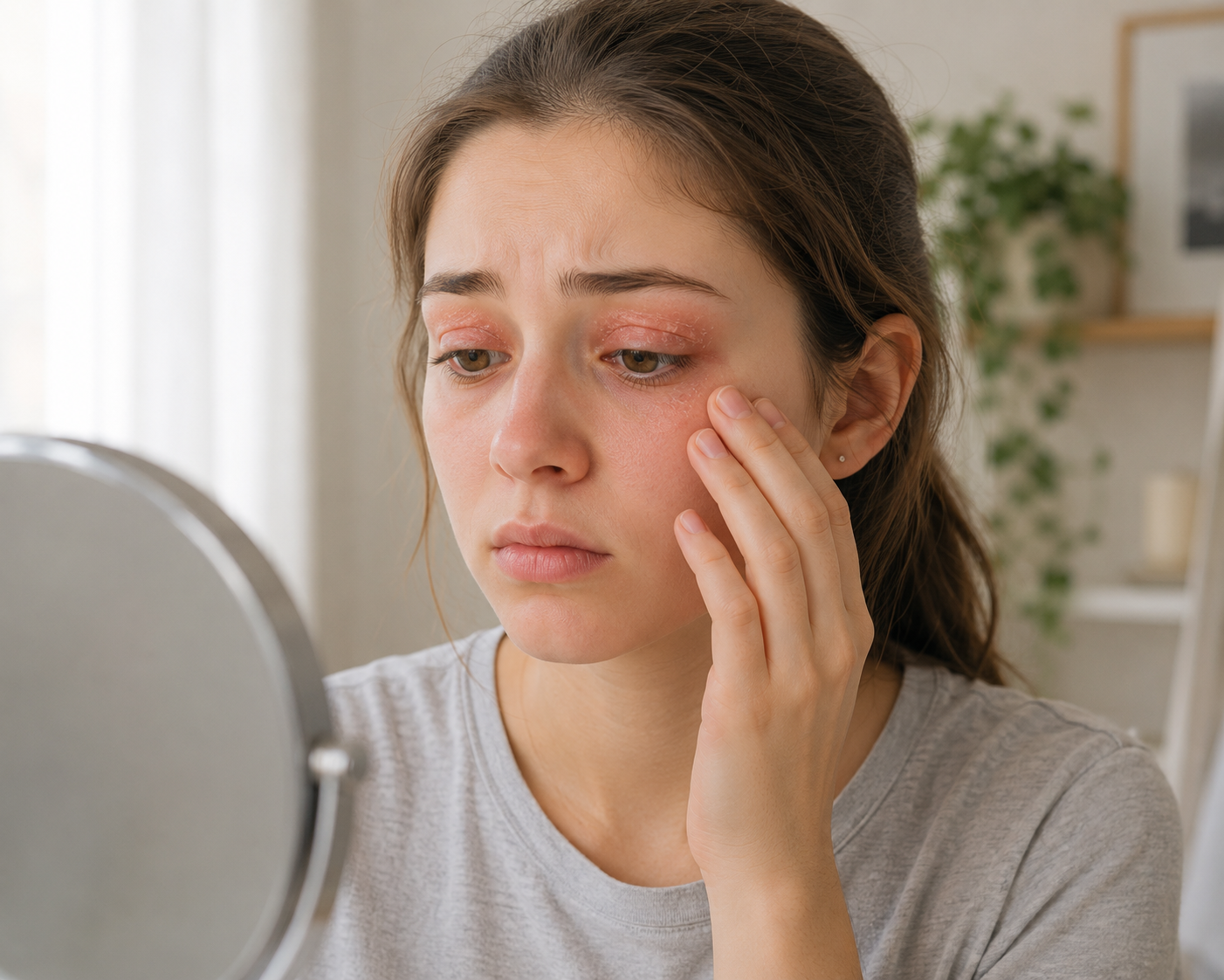A teenage girl looks into a mirror while gently touching the irritated skin around her eyelids, illustrating the redness, dryness, and sensitivity commonly associated with eyelid eczema.