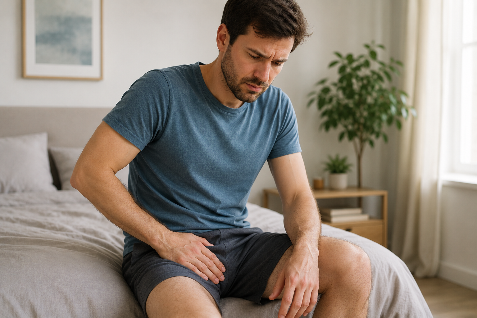 A man sits on the edge of a bed looking down with a concerned expression while holding the upper groin area over his clothing, illustrating the discomfort and irritation that can be associated with genital eczema.