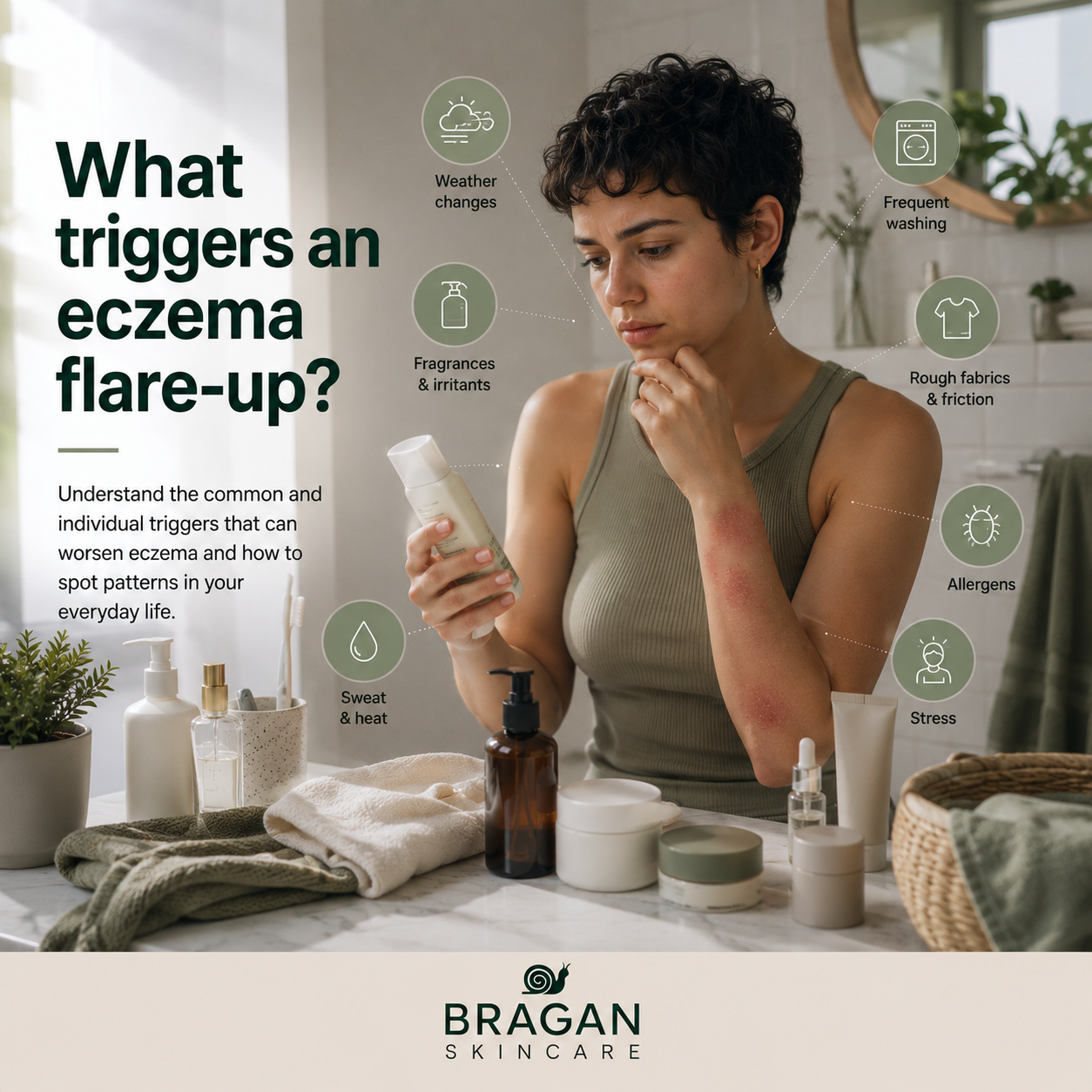 Woman with a visible eczema flare on her arm examining a skincare product in her bathroom, surrounded by everyday items that may contribute to eczema triggers.