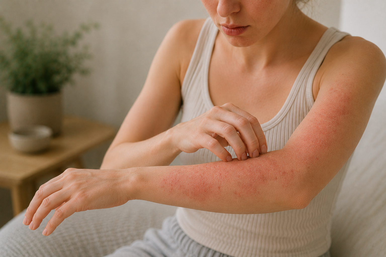 A woman gently scratches an itchy eczema flare-up on her forearm, illustrating the persistent itching and skin irritation commonly experienced during eczema flare-ups.