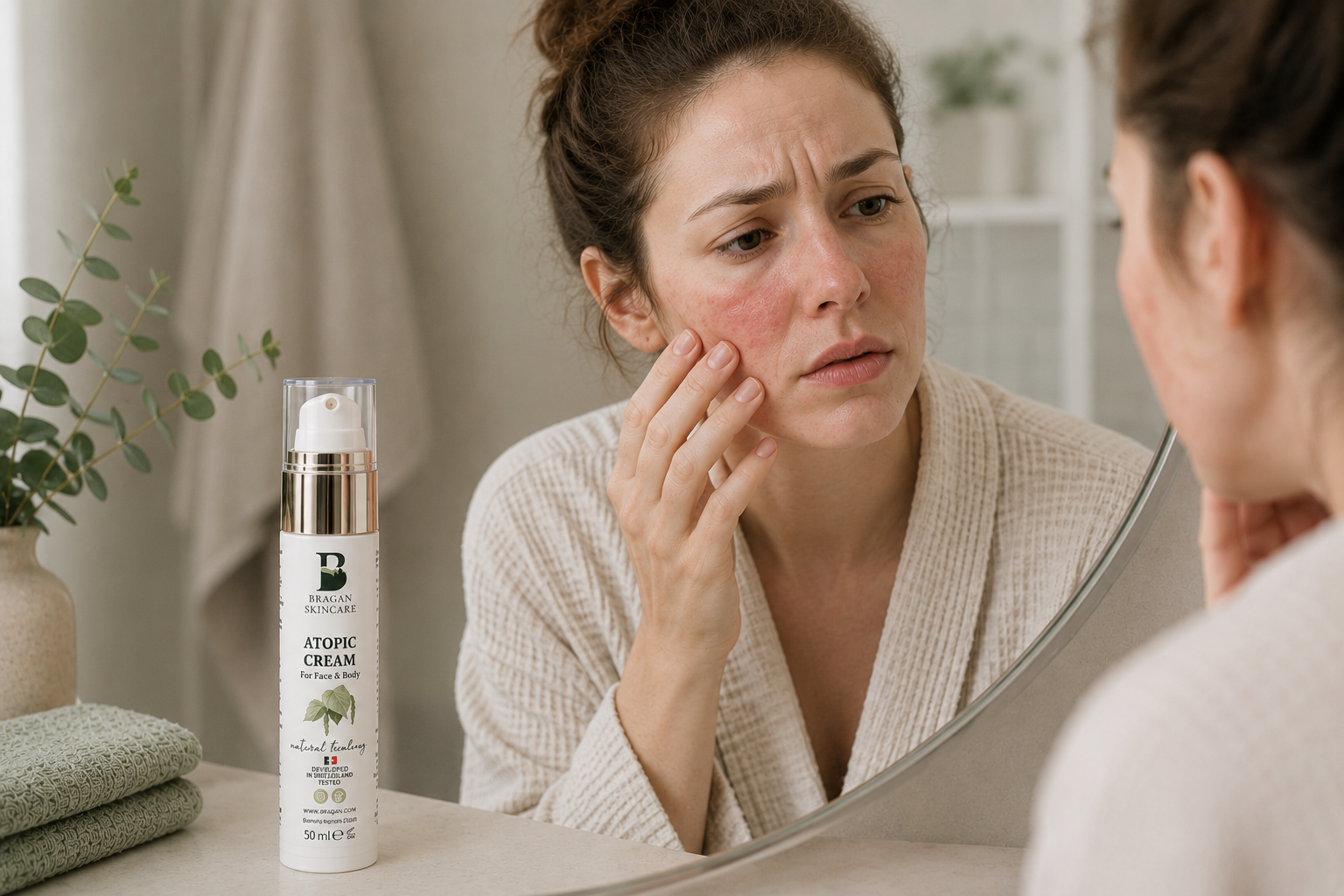 A woman with visible facial eczema examines the redness on her cheek in the mirror, with Bragan Skincare Atopic Cream placed nearby to illustrate a skincare routine for sensitive, irritated skin.