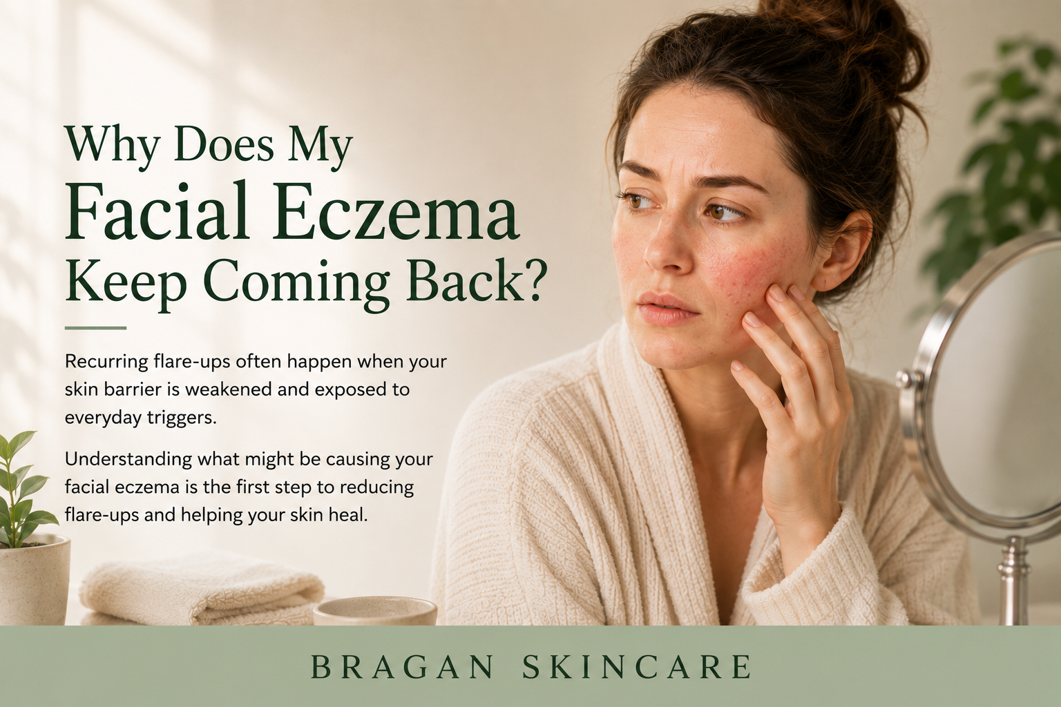 Woman looking in a mirror while examining recurring facial eczema on her cheek, with a short guide explaining why facial eczema keeps coming back, common everyday triggers and the importance of protecting the skin barrier.