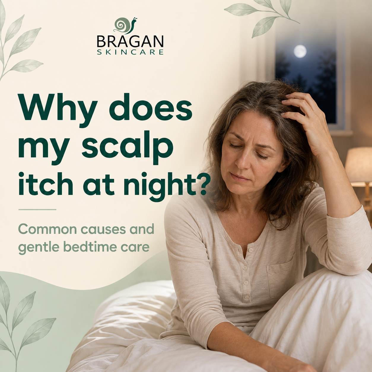 Woman gently touching her scalp at night in a guide explaining why scalp itching may feel worse at bedtime.