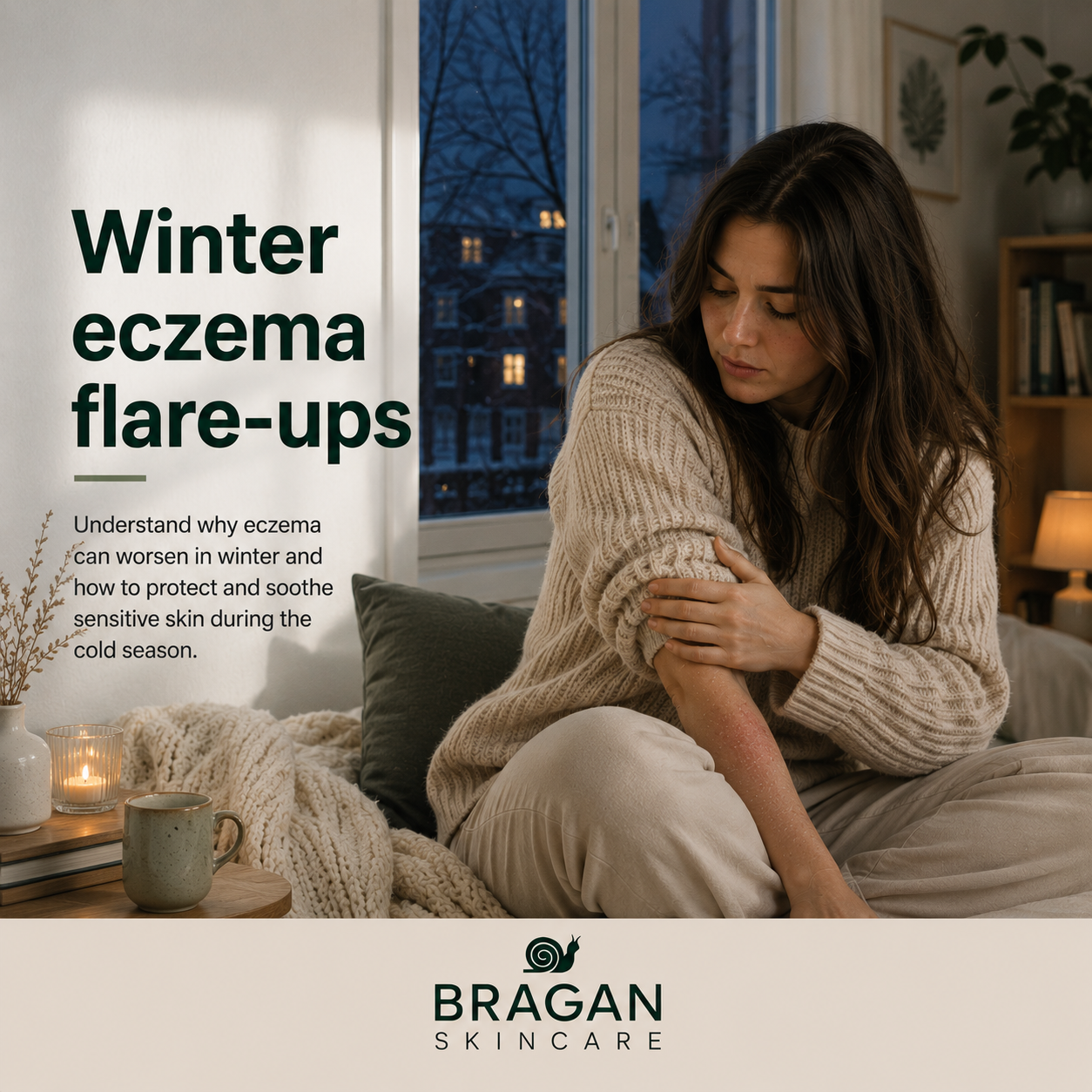 Woman with long dark hair examining dry, irritated eczema on her forearm in a warm room during cold winter weather.