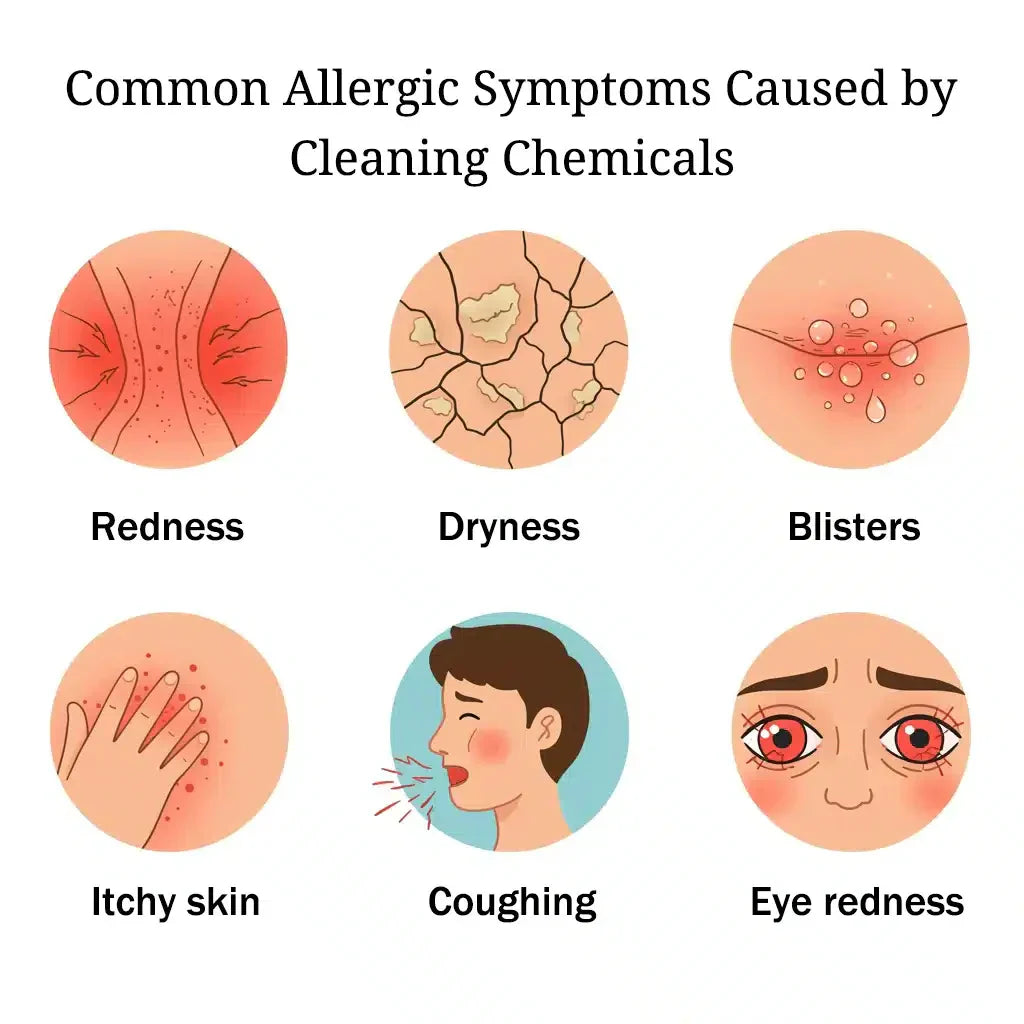 Illustration of common allergic symptoms on the skin caused by exposure to cleaning chemicals