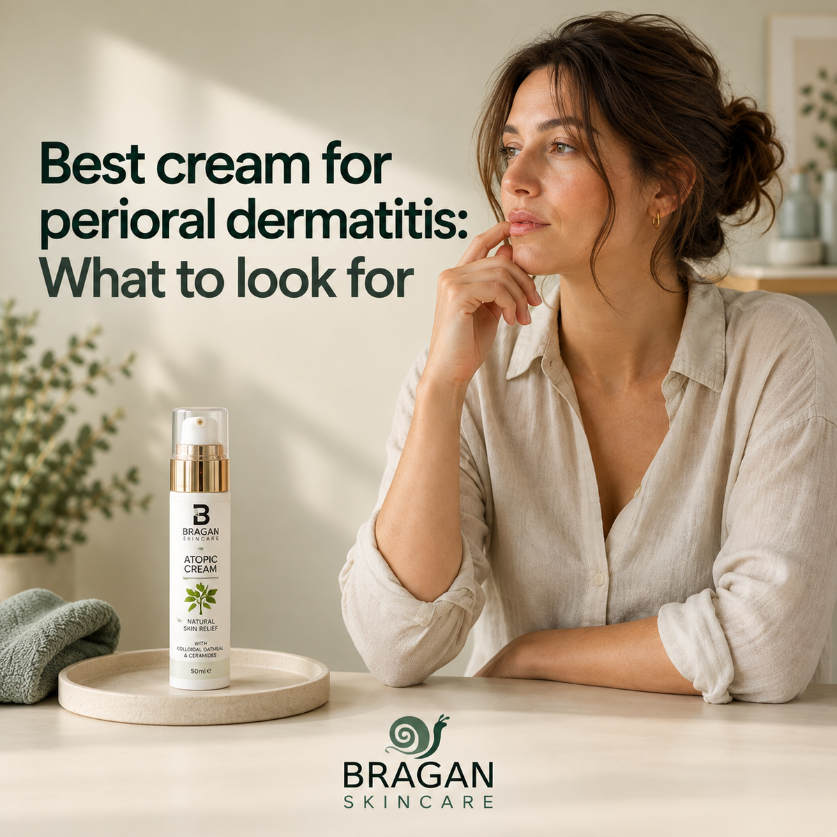 Woman considering skincare beside a bottle of Bragan Skincare Atopic Cream, with guidance on choosing a cream for perioral dermatitis.