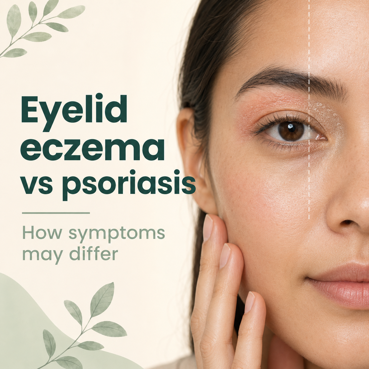 Woman showing mild dryness and irritation around the eyelid in an educational comparison of eyelid eczema and psoriasis