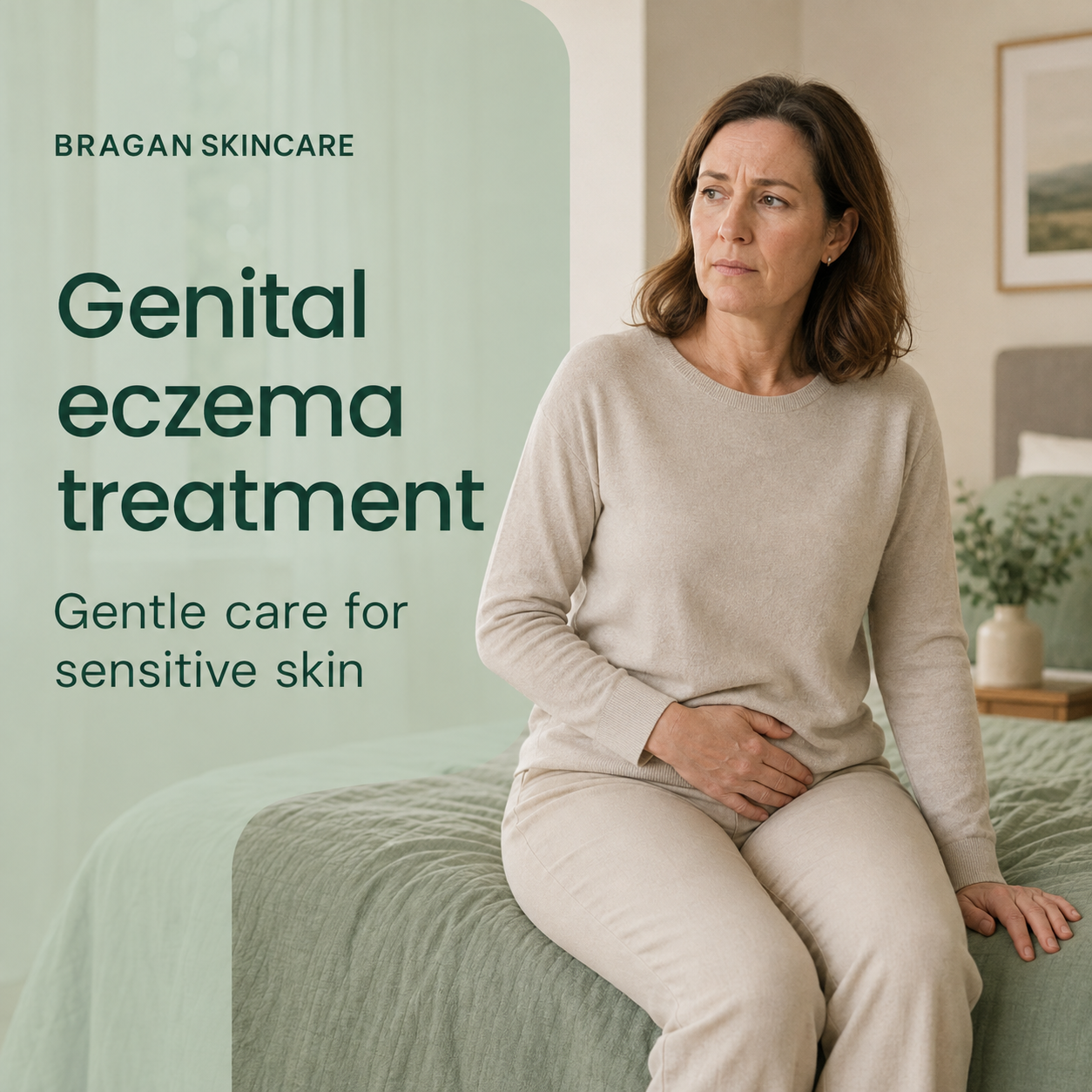 Woman experiencing discomfort while learning about gentle genital eczema treatment.