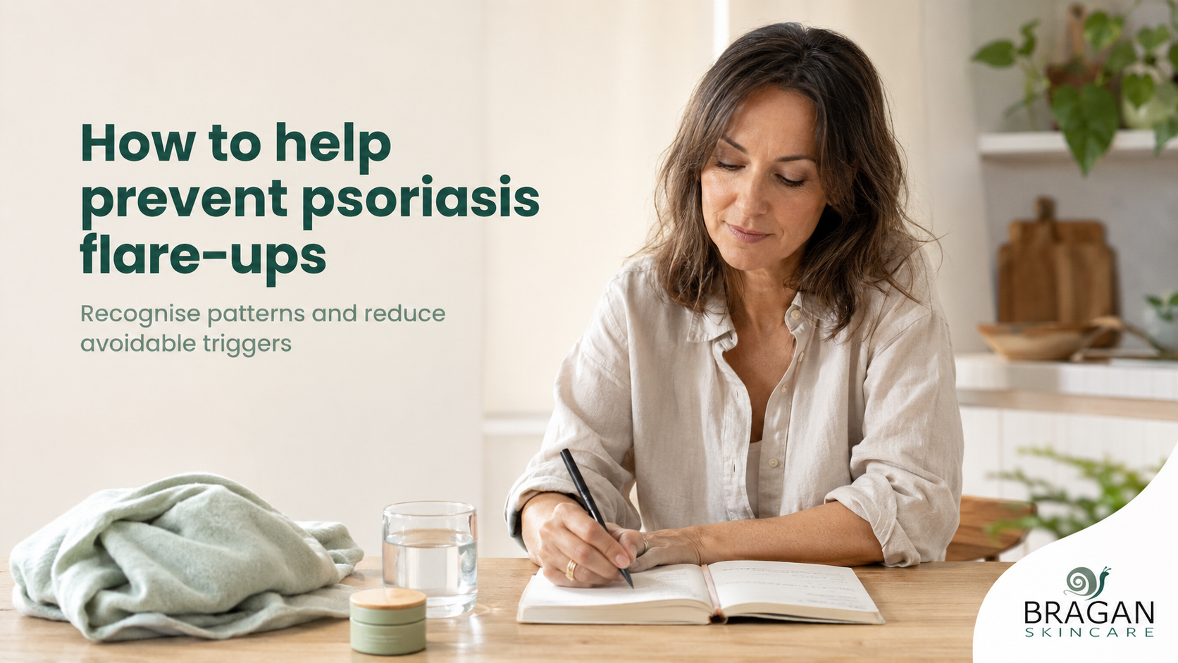 Woman recording possible psoriasis triggers to help recognise patterns and reduce avoidable flare-up risks.