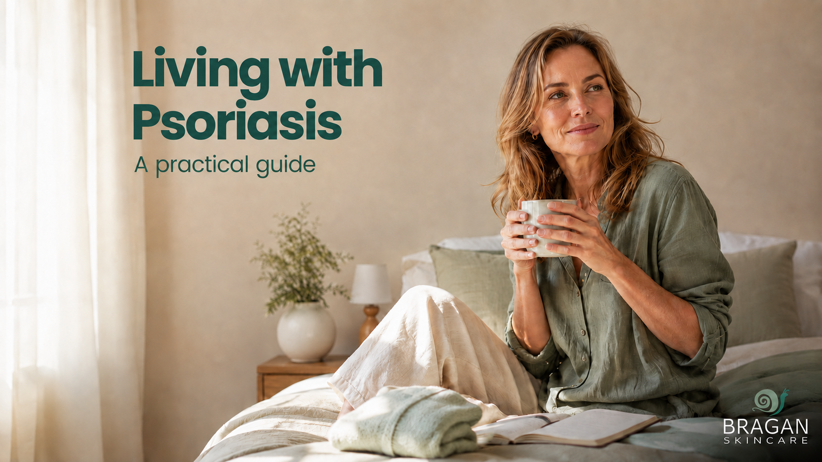 Woman relaxing at home beside the title “Living with Psoriasis: A practical guide”.