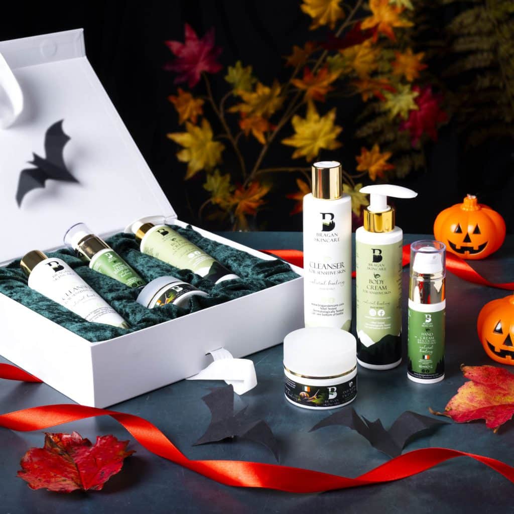 Bragan Skincare Halloween Gift Box with a selection of our popular face and body care creams infused with our signature ingredient of snail mucin