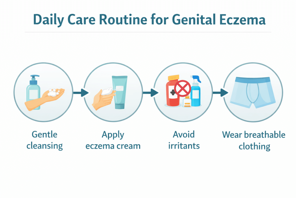 daily care routine for genital eczema infographic