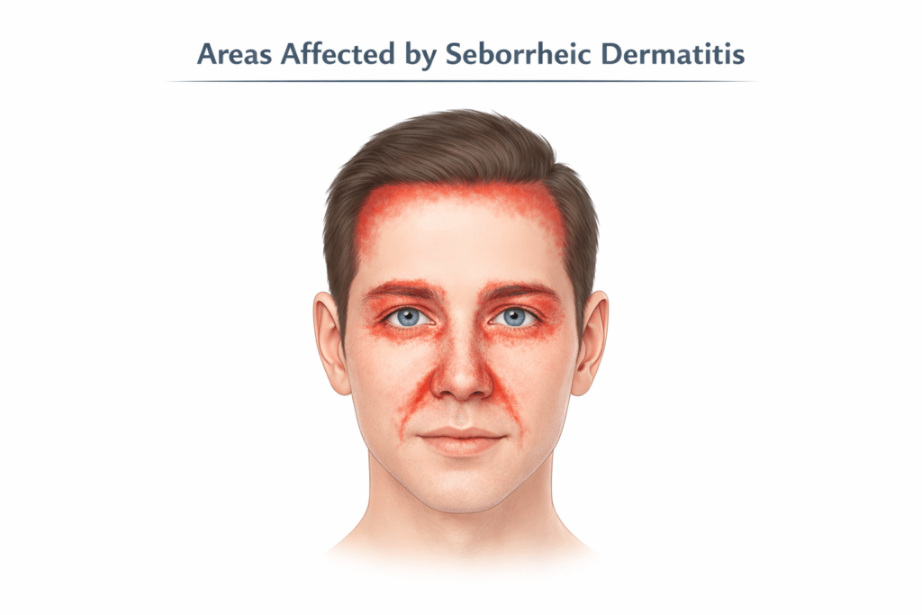 infographic showing parts of the face affected by seborrheic dermatitis