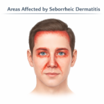 infographic showing parts of the face affected by seborrheic dermatitis
