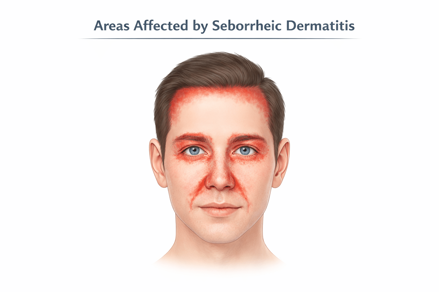 infographic showing parts of the face affected by seborrheic dermatitis