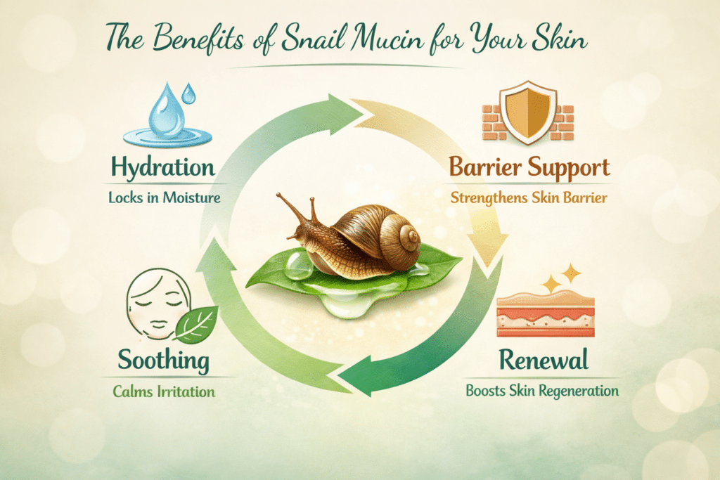 snail mucin skincare benefits infographic showing hydration, skin barrier repair, soothing irritation and skin renewal